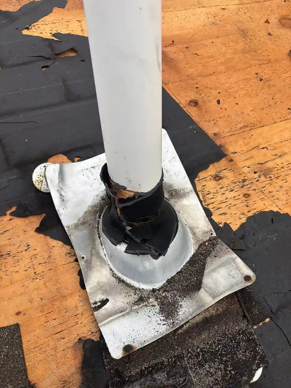Plumbing vent pipe flashing with damaged sealant